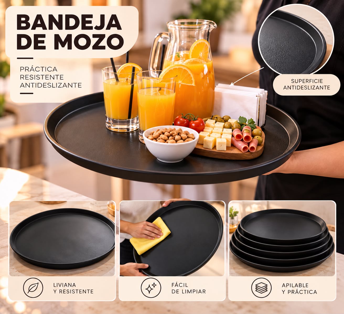 Bandeja de mozo antideslizante